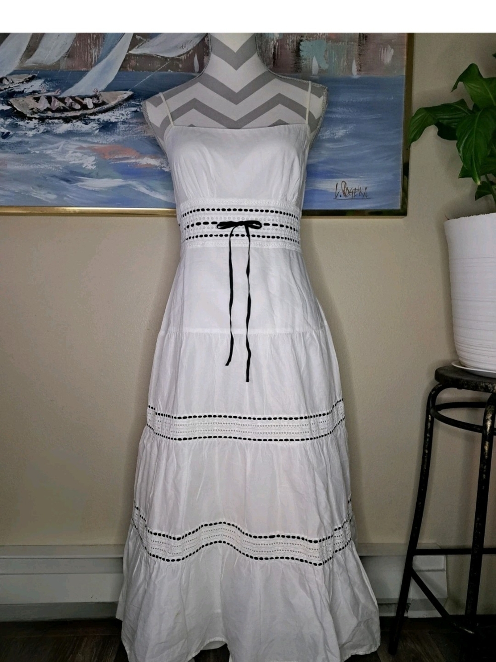 LOFT White Strapless Maxi Dress with Black Trim